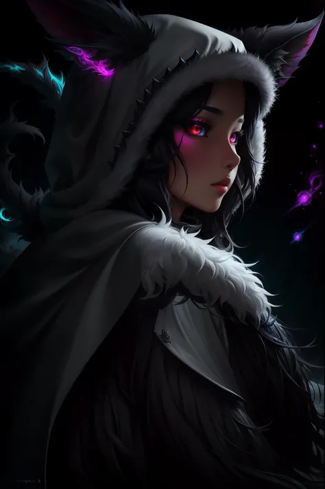 （hoang lap，A high resolution，hyper detailled），Black Soul theme，Off-white，Fur trimmed cape，Fluffy Tail, Elf，Background of details，Cold moon，boundage, Anime style，intricate-detail，Aura of evil，Diablo color theme，（offcial art，Beauty and aesthetics：1.2），（Dark ...