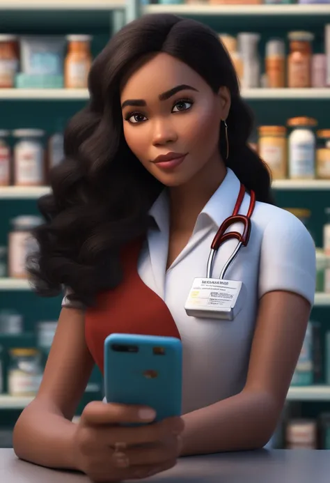 disney pixar female pharmacist, white asian and african american long hair, showing cellphone aplication for drugs and laws