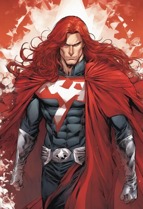 Long red hair male muscular and smooth jawline wearing a black cloak with white x markings on it