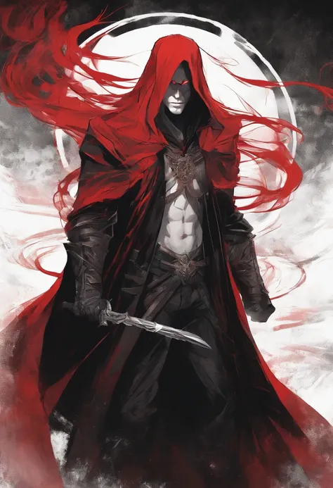 Long red hair male muscular and smooth jawline wearing a black cloak with white x markings on it