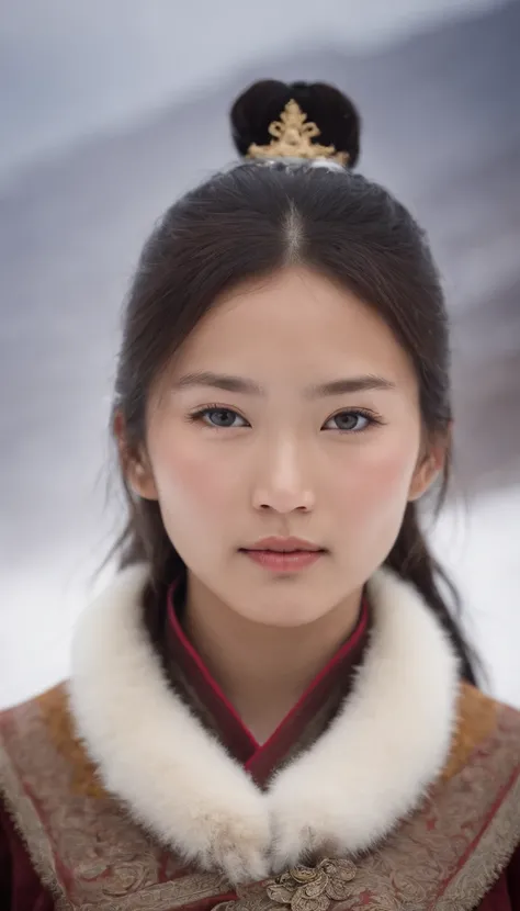 Mongolian cute girl, Tibetan snow ， 2000，White smoke， Full of movement，Hasselblad， National Geographic photo， Semi-body shot, high-quality photo