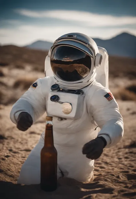 A Yeti themed Astronaut costume, yeti head, floating in space, empty space, in the distant center holding a beer, 1/4 of blurred earth in the background, depth of field, focus on the beer