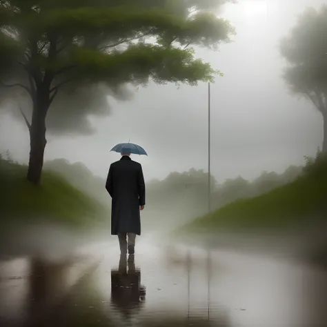 man walking alone on a rainy day in nature,muddy dirt road,green trees with dripping raindrops,heavy downpour,fresh air,serene atmosphere,diffused light through rain,reflection of wet ground,steamy breath,loneliness,solitude,sound of raindrops,an umbrella,...