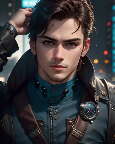 Change background cyberpunk handsome boy, realistic face, change watch, luxury clothes, ultra realistic face, realistic face