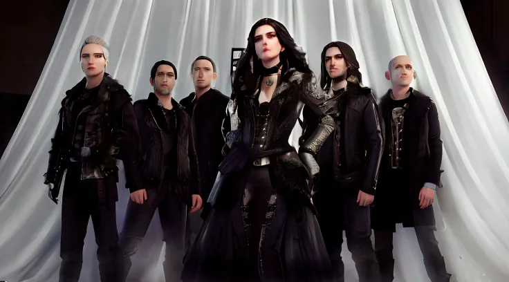 Arafed - Foto de um grupo de pessoas em jaquetas de couro pretas, within temptation , Fevereiro), lo gothic, diva, fantasia!!!, por Elena Teacher, teatro dos sonhos, draconiano, lo gothic, godess do mal, Rocha, Victoria, looking threatening, foto ainda, ne...