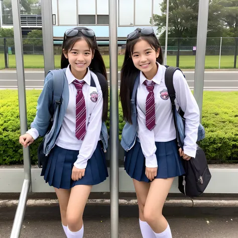 female high-school student、identical twins、校服、bus stop、Looking here、a smile