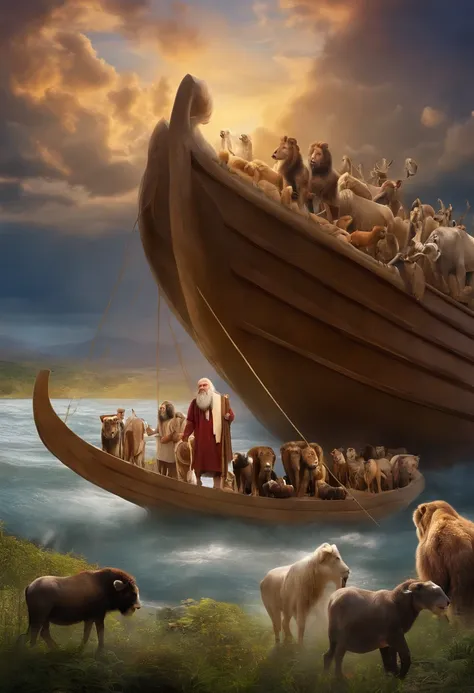 create a scene of Noah with an outstretched hand, calming a line of animals of all kinds as they peacefully enter the ark.