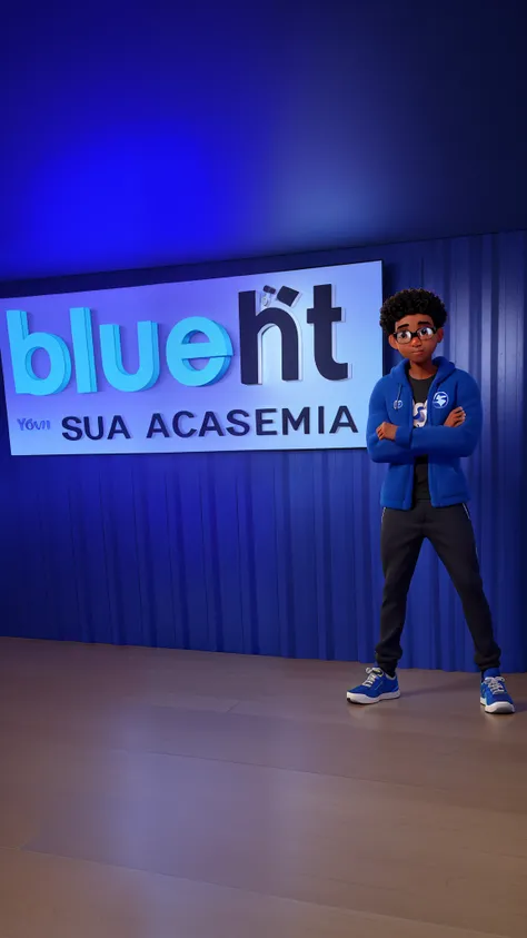 Um jovem homem negro, Curly hair on the top of the head to the laids Shaved hair, olhos castanho escuro, eyeglass. On the back there is a panel that says Bluefit your gym. Com uma camisa social escrito Bluefit azul escuro, Black dress pants and black sneak...