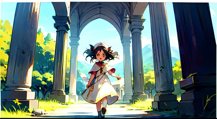 Depict Yuki, the cute and fearless girl, discovering the ancient amulet in the hidden mountain shrine. anime