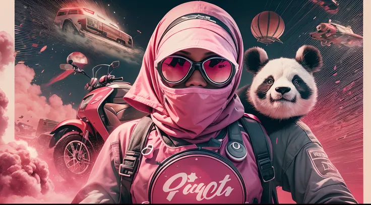 Slim and Medium breasted malay woman in hijab with pink jacket, pink food delivery motorcycle, foodpanda delivery, panda emblem at delivery box, pink delivery box, sunglasses, sci-fi, with gun, explosions behind, lot of explosion, dramatic scene, movie pos...