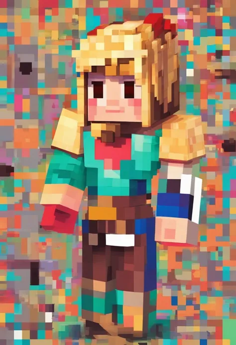 Uma menina de cabelo loiro sorrindo estilo minrcraft fazendo carinho em um cachorro estilo minecraft