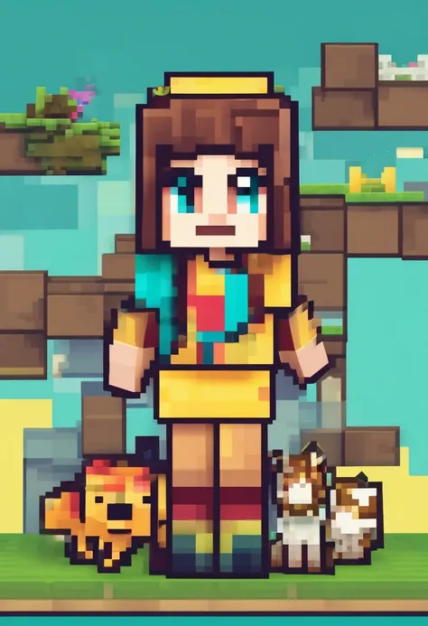 Uma menina de cabelo loiro sorrindo estilo minrcraft fazendo carinho em um cachorro estilo minecraft