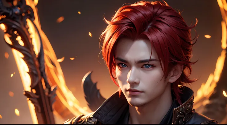 An 8k masterpiece, highest resolution, every detail, meticulous detail, depth of field, bright colors, beautiful composition: stunning take on an anime character Gohan with brilliant red hair and beautifully detailed glowing eyes, standing against a dark a...