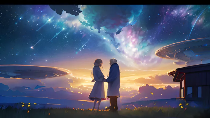 the elderly couple stepping outside the farmhouse to gaze at the emerging stars. The lighting is characterized by the soft, twinkling starlight that gently illuminates the couples faces, emphasizing their expressions of wonder and nostalgia. The camera pos...