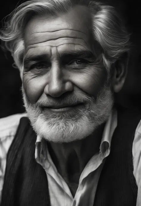 (Best quality,A high resolution),(Realistic:1.37),(Portrait,Black and white),Detailed face,A kind and wise expression,gray hair and beard,Wrinkles around the eyes and mouth,Gentle smile,Soft lighting,Subtle shadows,High contrast,emotional eyes,Contemplativ...