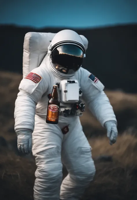 A Yeti themed Astronaut costume, yeti head, floating in space, empty space, in the distant center holding a beer, depth of field, focus on the beer, full body portrait, advertisement style, no words