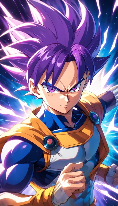 The perfect art of Vegetas superego, Purple hair and eyes, Wrapped in purple energy and rays, The expression is serious, chiseled muscles, realistic shaded, incredibily detailed, perfect  eyes, Perfect hands, full bodyesbian, blue attire, Dark sky in backg...