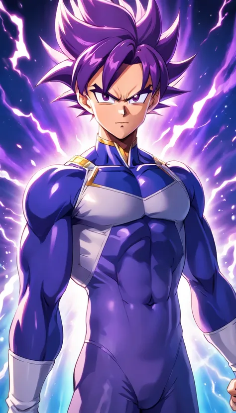 The perfect art of Vegetas superego, Purple hair and eyes, Wrapped in purple energy and rays, The expression is serious, chiseled muscles, realistic shaded, incredibily detailed, perfect  eyes, Perfect hands, full bodyesbian, blue attire, Dark sky in backg...