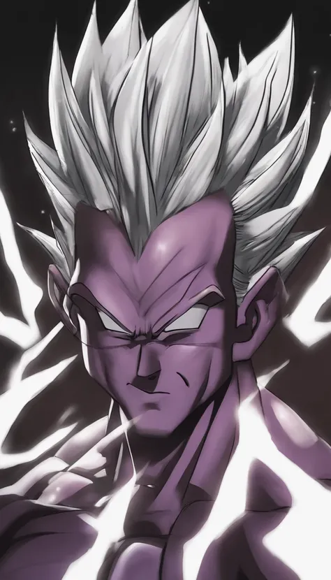 The perfect art of Vegetas superego, Purple hair and eyes, Wrapped in purple energy and rays, The expression is serious, chiseled muscles, realistic shaded, incredibily detailed, perfect  eyes, Perfect hands, full bodyesbian, blue attire, Dark sky in backg...