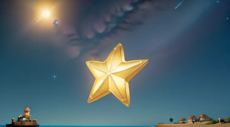 A beautiful yellow 5-pointed star in a night sky full of other smaller stars, Its light reflected in the waters of the sea, estilo disney pixar, alta qualidade, melhor qualidade