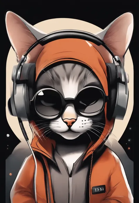 Perfect centering arrangement, cute little cat, Wear a jacket., Wear sunglasses, Wearing headphones, cheerfulness, Standing position, Abstract beauty, Centered, Looking at the camera, facing camera, nearing perfection, Dynamic, high detal, smooth, Clear fo...