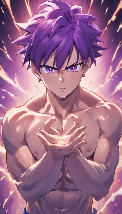 The perfect art of Vegetas superego, Purple hair and eyes, Wrapped in purple energy and rays, The expression is serious, chiseled muscles, realistic shaded, incredibily detailed, perfect  eyes, Perfect hands, full bodyesbian, blue attire, Dark sky in backg...