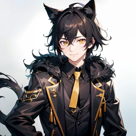 ultra-detailliert, Best Quality, finely detail, Anime Boy, Someone, 1 boy, Mans, Black hair, Medium Hair, Messy pointed hair, voluminous and untidy hair, Black fur jacket, Black clothes, Cat ears, Animal ears, Black cat tail, Black shorts, Smile, relaxed e...