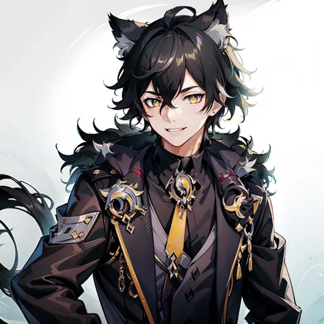 ultra-detailliert, Best Quality, finely detail, Anime Boy, Someone, 1 boy, Mans, Black hair, Medium Hair, Messy spiky hair, voluminous and untidy hair, Black fur jacket, Black clothes, Cat ears, Animal ears, Black cat tail, Black shorts, Smile, relaxed exp...