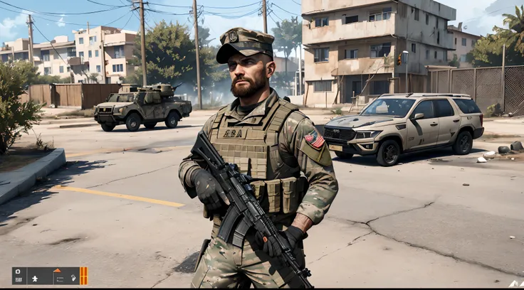 Theres a man in military uniform standing in front of a building, us army, Captura de tela do videogame>, Arma 3, Soldados dos EUA, Fuga de Tarkov, aesthetic shot, sao 8 k, Chaotic riots in 2022, arma 3 screenshot, Screenshot of cod, Captura de tela do vid...