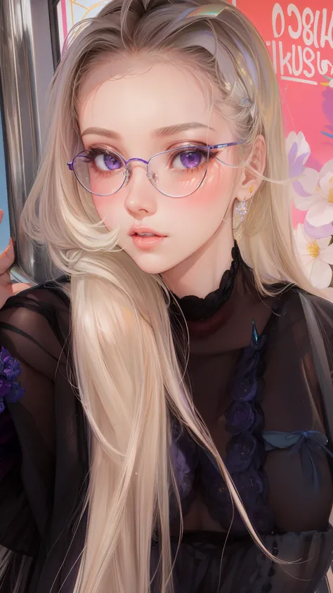 realista, 1girl, cabelo branco, Delicate Purple Eyes Glasses, olhos brilhantes, top cropped, saia, half-open lips, blush, noite, flores, sol, luz solar,