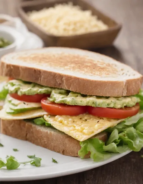 Healthy sandwiches,Omelette with whole wheat bread sandwich，Add lettuce、Tomates,white backgrounid，One subject，There are three colors: red, yellow and green，without humans