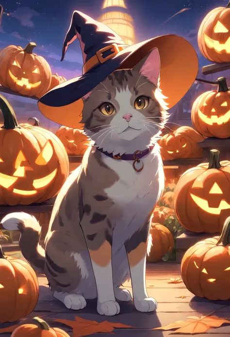 An English shorthair cat wearing a witchs hat, Tem uma cauda curta, pumpkins, dia das bruxas, O0s morcegos