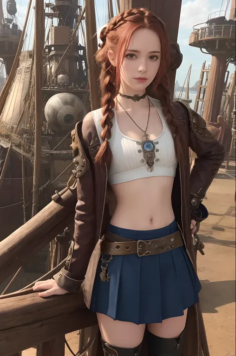 an steampunk girl on the pirates airship, over big sreampunk town, leaning forward, she follows merchant ships with a predatory gaze, her team on background is waiting for orders to start boarding, (white crop top:1.2), cute sexy, small breast, black leath...