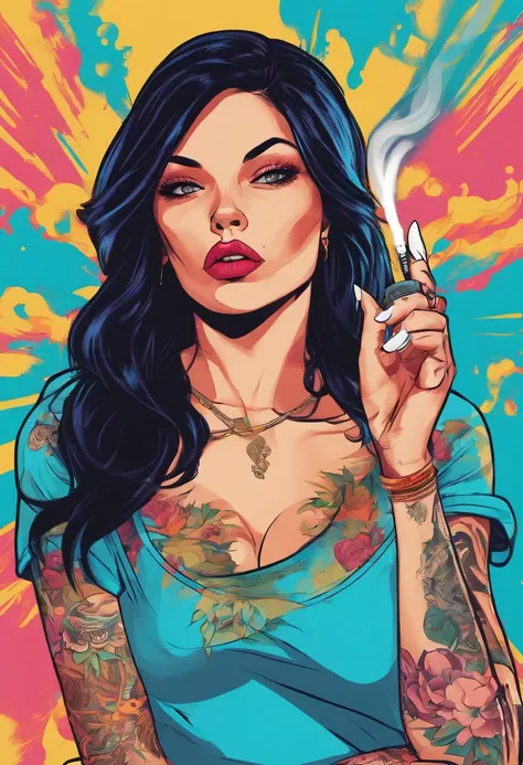 a woman with straight black hair, blue eyes with tattoos, lighting a cigarette