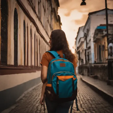 a high school student，Carregue uma mochila，Caminhando na estrada da escola