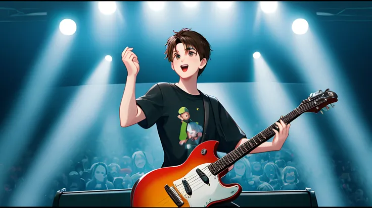 Young man playing guitar, sozinho no palco cantando com microfone, em uma plateia em alta qualidade , in the world of Disney Pixar in a black t-shirt standing at a show with cap lights and a packed audience, em um palco