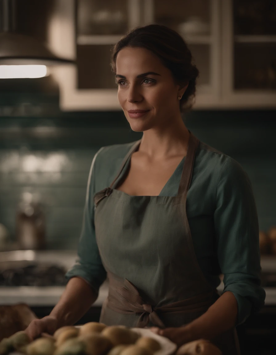 Change the background of the photo to a kitchen and the characters outfit as well, colocando roupa de cozinheiro