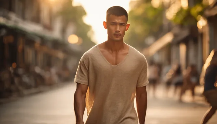 photo of a stunning handsome muscular Thai man, no female, honey eyes, short buzz cut messy windy dark brown hair, short hair, closeup zoomed in tight crop portrait, walking down a (city street scene:1.2) wearing a (linen shorts no shirt:1.3) (beach slippe...