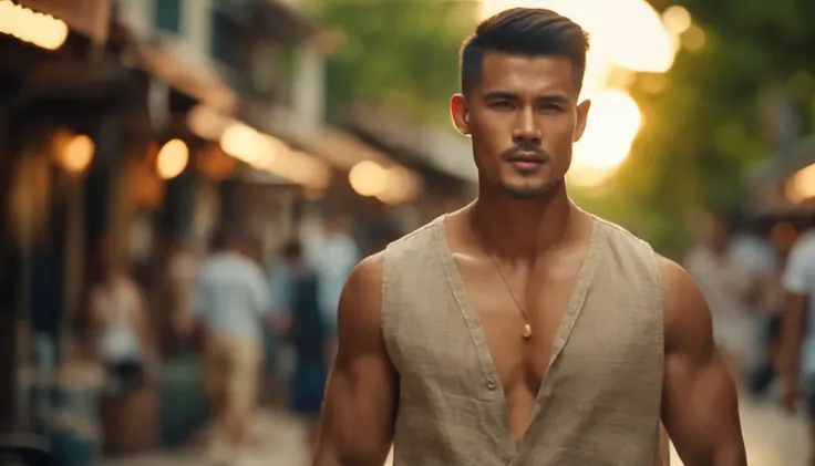 photo of a stunning handsome muscular Thai man, no female, honey eyes, short buzz cut messy windy dark brown hair, short hair, closeup zoomed in tight crop portrait, walking down a (city street scene:1.2) wearing a (linen shorts no shirt:1.3) (beach slippe...