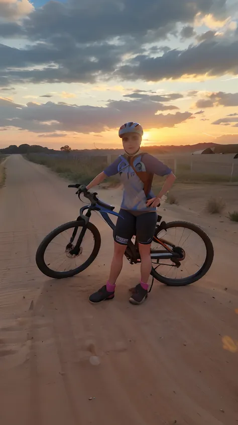 Woman with a bicycle on a dirt road at sunset, in the sunset, Sunset!, at sunset, in the sunset, ao entardecer!, ciclismo!!, during a sunset, imagem de perfil, during sunset, As the sun sets on the horizon, dusk setting, with sunset, sunset in the backgrou...