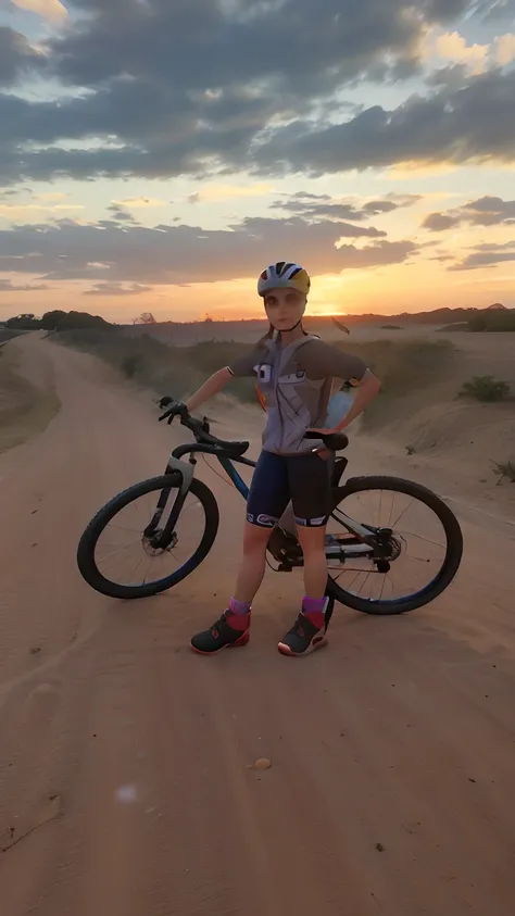 Woman with a bicycle on a dirt road at sunset, in the sunset, Sunset!, at sunset, in the sunset, ao entardecer!, ciclismo!!, during a sunset, imagem de perfil, during sunset, As the sun sets on the horizon, dusk setting, with sunset, sunset in the backgrou...