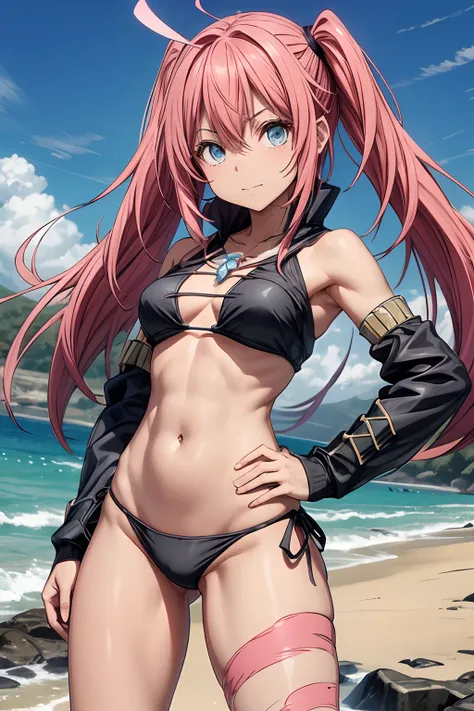 1Feminino、Tensei Shitara Slime Datta Ken（((Milim Nava))), Demon Lord King、O corpo da obra-prima de Milim Nava、High Quality Bikini Armor、Black bikini armor、Rosto Milim Preciso、olhos azuis、olhar o mal、cabelo rosa、Bicaudal、Caudas duplas orgulhosas、barefoot, m...