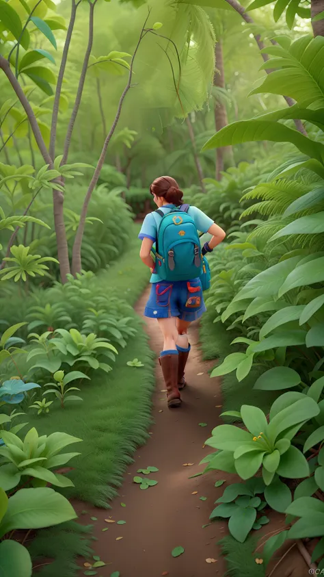 Uma mulher loira, estilo Disney pixar, com mochila nas costas caminhando na floresta, alta qualidade, melhor qualidade.