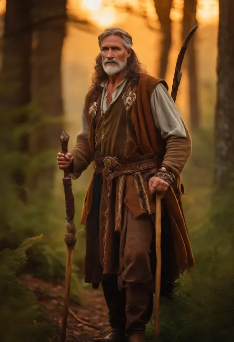 Full length portrait, strong middle aged and proud Celtic druid. Broad shoulders, wearing rich woodland beads and leather bound jewelry. He is holding an intricately carved staff. realistic facial features. Realistic hands. national geographic composition....