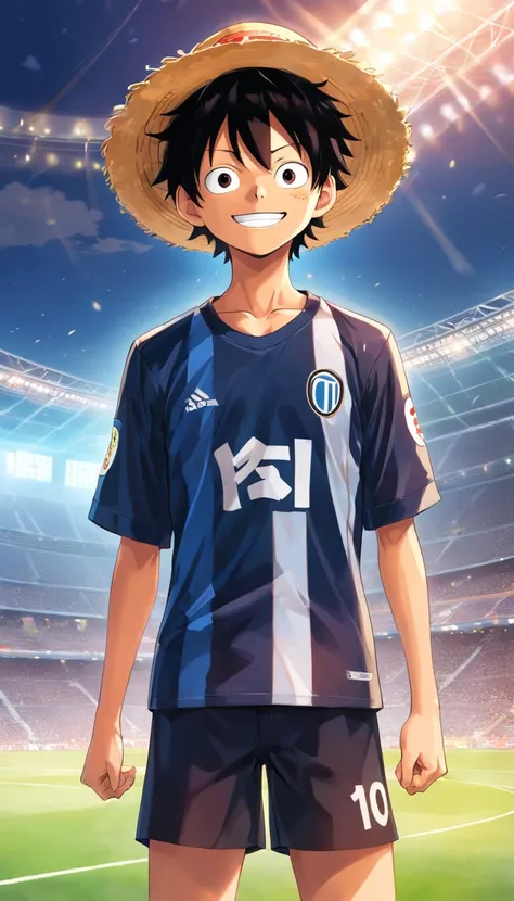 “Luffy from one piece Standing In a soccer stadium smiling while wearing A Inter Milan Black and Blue Shirt with stripes the number 11 on his black shorts and he is wearing his straw hat and he is holding it, he also has Inter’s logo on the right side of h...