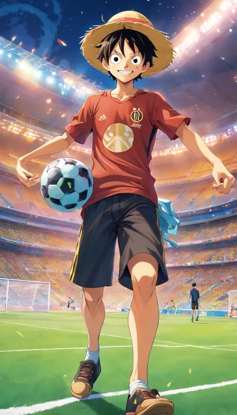 “Luffy from one piece Standing In a soccer stadium smiling, while wearing A Home Inter Milan Black and Blue Shirt with stripes and the number 11 on his black shorts and he is wearing his straw hat and he is holding it, he also has Inter’s logo on the right...