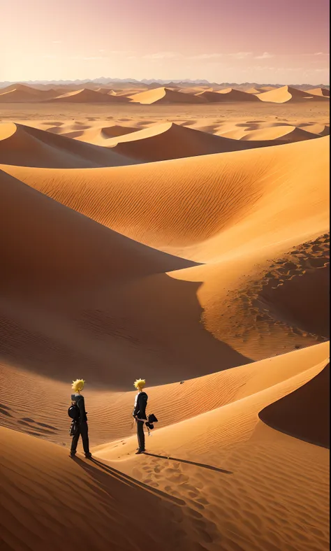 A yellow-haired，Anime boys，Surrounded by desert