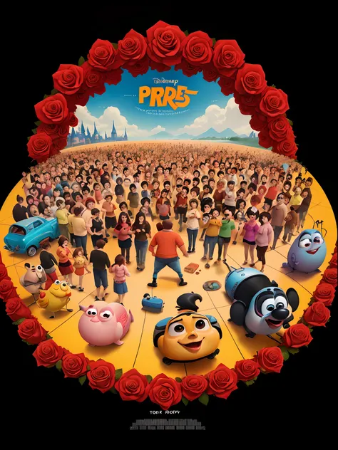 A disney pixar movie poster with the title "Products" with tons of people gathered around in a circle to see a rose toy