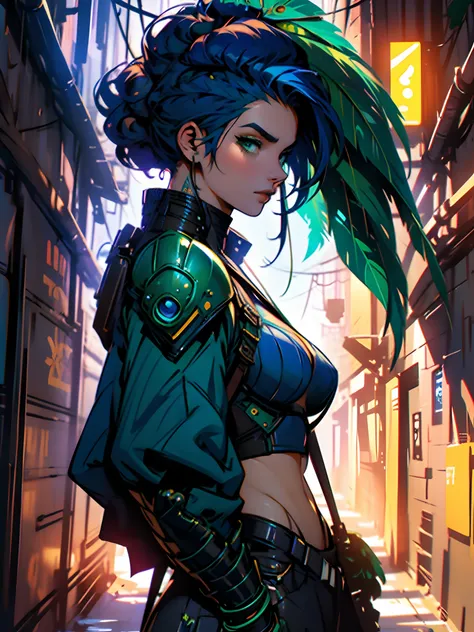 peacock mature woman with dark blue hair and many peacock feathers in covered heavy armor surrounding with blue and green feathers in cyberpunk style