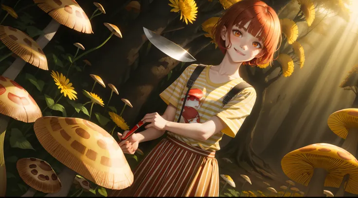 Red eyes, girl, holding a knife, yellow-green striped shirt with thicker stripes, red eyes glowing red, head tilted, short brown hair mushroom head, with a clear smile on his face, Chara, two-dimensional, standing among golden flowers with a ray of light a...